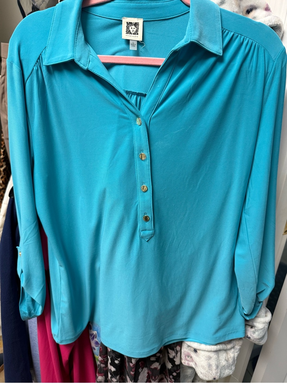 Anne Klein Teal Button-Front Collared Blouse